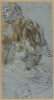 F 043
<br/>
Zittend mannelijk naakt, halffiguur, de handen op de rug; kopstudie
<br/>
<em>Carracci, Annibale (1560-1609) - atelier van</em>